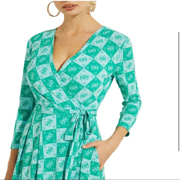 Guess Women's Dress Green Sz L Christin Printed Wrap Midi Fit & Flare - Picture 1 of 3